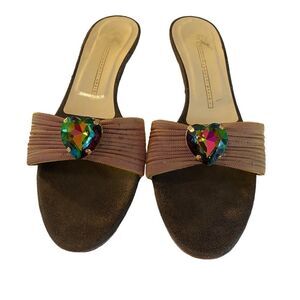 Gold Tone Mesh Open Toe Kitten Heel Sandal w/ Iridescent Heart Shaped Jewel.